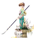  brown_hair dog female_protagonist_(persona_3) highres japanese_clothes kadomatsu kimono koromaru naginata persona persona_3 persona_3_portable polearm short_hair smile solo trough_shell weapon 