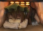  animal_ears brown_hair cat_ears cat_tail chen closed_eyes earrings eyes_closed happy hat hayake highres jewelry kotatsu lying multiple_tails on_stomach short_hair sketch smile solo table tail touhou under_kotatsu under_table upscaled 