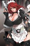  apron breasts cleavage glasses green_eyes gun holding holster huge_breasts maid_cap maid_outfit redhead thigh-highs weapon 