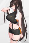  1girl black_hair breasts gym_shorts halterneck hayabusa highres large_breasts looking_at_viewer multiple_girls navel ponytail shorts sports_bra sportswear thick_thighs thigh-highs thigh_strap thighs 