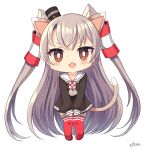  1girl :3 amatsukaze_(kancolle) animal_ears bangs black_dress blush brown_eyes cat_ears cat_girl cat_tail chibi dress eyebrows_visible_through_hair fang grey_neckwear hair_tubes kantai_collection long_hair long_sleeves open_mouth red_legwear sailor_dress signature silica_(silica_silylate) silver_hair simple_background solo tail thigh-highs two_side_up very_long_hair white_background 
