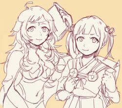  2girls ahoge bangs bodystocking breasts cape circlet closed_mouth covered_navel fire_emblem fire_emblem_fates long_hair looking_at_viewer medium_breasts midori_(fire_emblem) monochrome multiple_girls onigiri1203 ophelia_(fire_emblem) sketch upper_body 