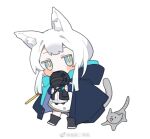  1girl animal animal_ear_fluff animal_ears arknights baiwei_er_hao_ji black_footwear blue_eyes blue_jacket blush_stickers boots cat cat_ears cat_girl cat_tail character_doll chibi doctor doll dress full_body holding holding_doll jacket jacket_on_shoulders long_hair looking_at_viewer rosmontis_(arknights) sidelocks solo standing tail weibo_username white_dress white_hair 