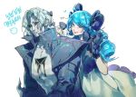  1boy 1girl bangs black_bow black_jacket black_sclera blue_eyes bow character_request collarbone colored_sclera dress drill_hair eyebrows_visible_through_hair gwen_(league_of_legends) hair_behind_ear hair_bow heart highres holding holding_hair jacket korean_commentary korean_text league_of_legends pale_skin parted_lips pectorals small_dduck smile twin_drills twintails white_dress white_hair 
