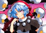  1girl ;d arm_up black_capelet blue_hair capelet doremy_sweet dress eyebrows_visible_through_hair fur-trimmed_headwear hat looking_at_viewer nightcap one_eye_closed open_mouth pink_hair pom_pom_(clothes) qqqrinkappp red_headwear sheep short_hair smile solo touhou traditional_media 
