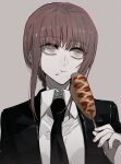  1girl :t black_jacket black_neckwear braid chainsaw_man closed_mouth collared_shirt corn_dog eating ebanoniwa food food_on_face food_request grey_background highres holding jacket long_hair long_sleeves makima_(chainsaw_man) necktie pink_hair ringed_eyes sanpaku shirt simple_background solo upper_body white_shirt wing_collar 