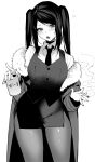  1girl beer_can blush breasts can cigarette coat fur_trim greyscale highres iriehana jill_stingray long_hair looking_at_viewer monochrome necktie off_shoulder open_mouth pantyhose pencil_skirt simple_background skirt smoke solo teeth twintails va-11_hall-a vest white_background 