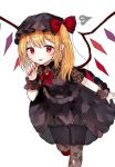  1girl alternate_costume ascot bangs black_dress black_legwear blonde_hair blush breasts commentary_request crystal dress eyebrows_visible_through_hair feet_out_of_frame flandre_scarlet folded_leg garter_straps hat laevatein_(tail) looking_at_viewer mob_cap nail_polish pointy_ears puffy_short_sleeves puffy_sleeves red_eyes red_nails red_neckwear ruby_(gemstone) sakizaki_saki-p short_sleeves side_ponytail simple_background small_breasts solo standing standing_on_one_leg tail thigh-highs tongue tongue_out touhou white_background wings wrist_cuffs 