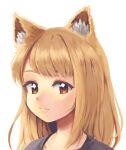  1girl :3 animal_ear_fluff animal_ears bangs black_shirt blonde_hair closed_mouth commentary english_commentary fox_ears fox_girl highres iamsako light_blush looking_at_viewer making-of_available medium_hair orange_eyes original portrait shirt simple_background smile solo white_background 