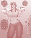  1boy 1girl abs breasts collarbone ekz_(robotekz) english_text eyebrows_visible_through_hair highres large_breasts long_hair open_mouth pants sound_effects sports_bra sportswear sweat tan towel towel_around_neck yoga_pants 