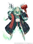  1girl alternate_hair_length alternate_hairstyle angry breasts clenched_teeth coat corruption crystal explosive full_body glowing glowing_eyes green_hair grenade hair_over_one_eye highres ji_no little_match_girl_(sinoalice) long_hair looking_at_viewer molotov_cocktail no_feet official_art oversized_clothes red_eyes scarf scowl sinoalice small_breasts solo square_enix tattoo teeth torn_clothes white_background 
