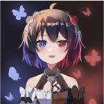  1girl :d absurdres bangs bare_shoulders black_dress blue_butterfly blue_eyes blue_hair bug butterfly chain dress dual_persona hair_between_eyes hair_ornament heterochromia highres honkai_(series) honkai_impact_3rd huiyuanaideknight looking_at_viewer open_mouth red_butterfly red_eyes redhead seele_(alter_ego) seele_vollerei seele_vollerei_(stygian_nymph) short_hair smile solo split_screen white_dress 