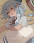  1girl absurdres bangs blue_bow blue_dress blue_hair bow cirno closed_eyes dress eyebrows_visible_through_hair fairy_wings hair_bow highres ice ice_wings maria_(syake-uni) neck_ribbon open_mouth red_neckwear ribbon shirt short_hair sleeping solo touhou white_shirt wings 