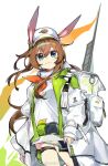  1girl amiya_(arknights) amiya_(seeder)_(arknights) animal_ears arknights backpack bag baiwei_er_hao_ji baseball_cap blue_eyes brown_hair commentary cowboy_shot ears_through_headwear hat jacket light_blush long_hair looking_at_viewer neckerchief official_alternate_costume open_clothes open_jacket orange_hair rabbit_ears shirt simple_background smile solo thigh_strap weibo_username white_background white_headwear white_jacket white_shirt 