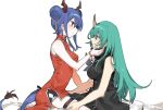  2girls arknights armor baiwei_er_hao_ji bead_bracelet beads black_shirt black_shorts blue_hair bracelet ch&#039;en_(ageless_afterglow)_(arknights) ch&#039;en_(arknights) china_dress chinese_clothes commentary_request double_bun dragon_girl dragon_horns dragon_tail dress eyelashes green_hair hand_on_another&#039;s_face horns hoshiguma_(arknights) jewelry long_hair multiple_girls official_alternate_costume oni_horns red_dress red_eyes shirt shorts sidelocks simple_background single_horn sitting sleeveless sleeveless_dress tail thigh_strap weibo_username white_background yellow_eyes yuri 