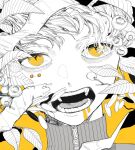  1boy berry close-up commentary_request face highres kamomiland leaf looking_at_viewer male_focus monochrome open_mouth original portrait short_hair simple_background solo spot_color teeth tongue turtleneck yellow_background yellow_eyes zipper_pull_tab 