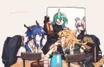  4girls animal_ears arknights beige_background black_gloves black_jacket blonde_hair blue_hair blush bottle ch&#039;en_(arknights) chair closed_eyes closed_mouth collared_shirt dated dragon_horns feeding food food_in_mouth gloves green_hair hand_on_another&#039;s_arm highres holding holding_bottle holding_food horns hoshiguma_(arknights) jacket jacket_removed kettle lin_yuhsia_(arknights) long_hair long_sleeves looking_at_another mouse_ears multiple_girls necktie oni_horns open_mouth pink_hair scar scar_on_face shirt short_sleeves simple_background single_horn sitting smile swire_(arknights) symbol-only_commentary table tiger_ears trembling twintails vento violet_eyes white_shirt yellow_neckwear 