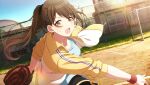  brown_footwear brown_hair dress idolmaster idolmaster_shiny_colors kuwayama_chiyuki long_hair ponytail 