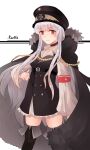  1girl belt black_choker black_footwear black_headwear black_jacket blush boots breasts character_name choker closed_mouth eyebrows_visible_through_hair feet_out_of_frame fur-trimmed_jacket fur_trim girls_frontline hat highres jacket jacket_on_shoulders kar98k_(girls&#039;_frontline) lishu_jun long_hair looking_at_viewer military military_hat military_uniform red_eyes silver_hair simple_background solo standing thigh-highs thigh_boots uniform 