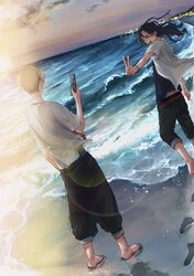  2boys ^_^ absurdres baji_keisuke barefoot beach black_hair black_pants blonde_hair blue_shirt cellphone closed_eyes collared_shirt footprints full_body hand_up highres holding holding_phone long_hair maco_(crea-0328) male_focus matsuno_chifuyu multiple_boys ocean open_mouth outdoors pants pants_rolled_up phone shirt short_hair short_sleeves smile standing tokyo_revengers twilight undercut v water white_shirt 