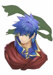  1boy absurdres blue_hair cape closed_mouth cropped_shoulders fire_emblem fire_emblem:_path_of_radiance fire_emblem_9 green_eyes green_headband headband highres ike_(fire_emblem) intelligent_systems looking_to_the_side male_focus nintendo portrait red_cape rx_hts simple_background solo spiky_hair white_background 