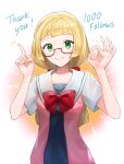  1girl alternate_costume bangs bespectacled blonde_hair blush bow closed_mouth commentary_request eyelashes face glasses green_eyes hands hands_up highres index_finger_raised konbu_1270 lillie_(pokemon) looking_at_viewer milestone_celebration ok_sign pokemon pokemon_(game) pokemon_sm red-framed_eyewear red_bow semi-rimless_eyewear shiny shiny_hair short_sleeves smile solo thank_you upper_body 