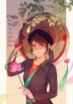  1girl absurdres axis_powers_hetalia blurry closed_mouth depth_of_field flower framed hat highres holding holding_flower jade_pendant jewelry leaf light_rays looking_at_viewer lotus necklace ponytail shadow solo straw_hat tassel upper_body vietnam_(hetalia) vietnamese_dress 