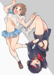  2girls bangs black_hair black_shirt black_skirt blue_eyes blue_skirt blush breasts brown_eyes brown_footwear brown_hair full_body grey_background hair_between_eyes hand_in_pocket highres kill_la_kill leg_up mankanshoku_mako matoi_ryuuko multiple_girls navel open_mouth oworyou school_uniform shirt shoes short_hair simple_background skirt standing standing_on_one_leg tomboy under_boob upside-down v white_background white_footwear white_legwear white_shirt 