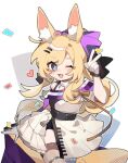  1girl :d animal_ear_fluff animal_ears arknights baiwei_er_hao_ji black_shorts blonde_hair blue_eyes blush bow chibi commentary dress fang hair_bow hair_ornament hairclip heart horse_ears horse_girl horse_tail long_hair off-shoulder_dress off_shoulder official_alternate_costume one_eye_closed open_mouth purple_bow shorts shorts_under_dress simple_background smile solo symbol-only_commentary tail thigh_strap v weibo_username whislash_(arknights) whislash_(glory_purple)_(arknights) white_background white_dress 