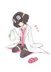  1girl absurdres bangs black_hair black_legwear black_shorts blunt_bangs closed_mouth coat coke-bottle_glasses commentary eyewear_on_head full_body glasses highres holding labcoat necktie pink_eyes pink_footwear pink_neckwear pink_shirt rx_hts senki_zesshou_symphogear senki_zesshou_symphogear_xd_unlimited shirt short_hair shorts simple_background sitting sleeves_past_fingers sleeves_past_wrists slippers solo thigh-highs tsukuyomi_shirabe tsukuyomi_shirabe_(another) white_background white_coat 