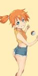  1girl aqua_eyes ass bare_arms bare_legs bare_shoulders bright_pupils crop_top cutoffs eyebrows_visible_through_hair feet_out_of_frame from_side grin hands_up looking_at_viewer medium_hair midriff misty_(pokemon) orange_hair poke_ball poke_ball_(basic) pokemon short_shorts shorts side_ponytail simple_background sleeveless smile solo standing twisted_torso white_pupils yamada_taro_(yamada_tarou00) yellow_background 