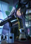  1girl ahoge animal_ears black_gloves black_hair black_jacket blush closed_mouth coffee coffee_mug cup gloves horse_ears horse_girl jacket long_hair long_sleeves manhattan_cafe_(umamusume) mug necktie open_clothes open_jacket pouring solo umamusume unowen yellow_eyes yellow_neckwear 