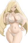  1girl bangs bikini blonde_hair breasts cowboy_shot green_eyes hair_over_one_eye highres large_breasts long_hair looking_at_viewer lusamine_(pokemon) navel pokemon pokemon_(game) pokemon_sm rakeemspoon simple_background solo standing swimsuit very_long_hair white_background white_bikini 