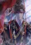  1boy artist_name black_hair blurry chain chinese_clothes crown_hair_ornament curtains hair_ornament highres long_sleeves longpao looking_at_viewer mc_macchi original short_hair smile transparent upper_body 