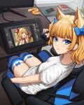 1girl absurdres anal_tail animal_ears bangs blonde_hair blue_bow blue_eyes blue_legwear blue_nails blunt_bangs bow bow_legwear cat_ears cat_tail chair drawing_tablet eyebrows_visible_through_hair fake_tail fox_ears gaming_chair hair_bow highres holding holding_stylus long_hair looking_at_viewer looking_back matmaj mole mole_under_eye nintendo_switch original red_eyes shirt short_sleeves sitting solo striped striped_legwear stylus t-shirt tablet_pc tail thigh-highs twintails two-tone_legwear white_legwear white_shirt 