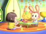 3girls alcyoneax animal_crossing barefoot black_eyes blue_shirt blush_stickers brown_eyes brown_hair bunnie_(animal_crossing) card cheating_(competitive) child door indoors maia_(alcyoneax) multiple_girls playing_card rabbit shirt short_hair sitting skirt table tangy_(animal_crossing) villager_(animal_crossing) yellow_shirt