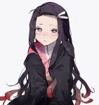  1girl black_hair closed_mouth expressionless fang gradient_hair highres japanese_clothes kamado_nezuko kimetsu_no_yaiba kimono long_hair looking_at_viewer multicolored_hair pink_eyes pink_kimono pink_ribbon redhead ribbon simple_background solo white_background yupi_piyo 