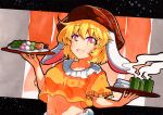  1girl animal_ears bangs breasts cabbie_hat collarbone collared_shirt dango eyebrows_visible_through_hair flat_cap floppy_ears food hair_between_eyes hat holding holding_tray looking_at_viewer midriff navel open_mouth orange_background orange_shirt qqqrinkappp rabbit_ears ringo_(touhou) shirt short_sleeves small_breasts solo touhou traditional_media tray wagashi 