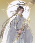  1boy bangs belt black_hair chinese_clothes chu_wanning dress hair_ornament hanfu highres holding holding_weapon houriycwn husky_and_his_white_cat_shizun long_hair male_focus moon moonlight parted_bangs solo standing upper_body weapon white_dress 
