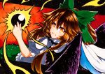  1girl :d bangs black_wings bow brown_hair cape eyebrows_visible_through_hair feathered_wings green_bow green_skirt hair_between_eyes hair_bow long_hair looking_at_viewer looking_back open_mouth orange_background orange_eyes puffy_short_sleeves puffy_sleeves qqqrinkappp reiuji_utsuho shirt short_sleeves skirt smile solo touhou traditional_media white_cape white_shirt wings 