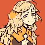  1girl ahoge bangs blonde_hair breasts cape circlet closed_mouth fire_emblem fire_emblem_fates grey_eyes kiri_(tsuwano_010) long_hair looking_at_viewer medium_breasts ophelia_(fire_emblem) orange_background smile 