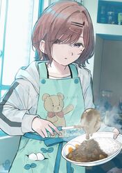  1girl apron artist_logo bangs bowl brown_eyes brown_hair commentary_request curry egg food hair_ornament hairclip highres higuchi_madoka holding holding_bowl hood hoodie idolmaster idolmaster_shiny_colors indoors ladle long_sleeves mole mole_under_eye paayan_(hagakinorock54) parted_lips pocket rice short_hair sidelocks solo steam stuffed_animal stuffed_toy sunny_side_up_egg teddy_bear upper_body white_hoodie window 