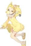  1girl animal_ears bags_under_eyes bbi blonde_hair bubble_blowing chewing_gum dress forehead frilled_dress frilled_shirt_collar frilled_sleeves frills hand_up highres hypno long_sleeves nail_polish neck_ruff one_eye_closed pajamas pendulum personification pokemon slippers star_(symbol) tapir_ears thigh-highs white_neckwear yellow_dress yellow_eyes yellow_footwear yellow_legwear yellow_nails 