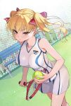  1girl ball blonde_hair breasts collarbone eyebrows_visible_through_hair holding holding_ball holding_racket hoshizora_kimika ishizaka_ryuudai kimika-san_no_sweets_match medium_breasts racket skirt sleeveless solo sportswear tennis_ball tennis_court tennis_racket tennis_uniform twintails 