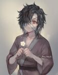  artist_name bandage_over_one_eye black_hair brown_eyes brown_shirt child flower glowing_flower highres holding holding_flower hua_cheng long_sleeves looking_at_viewer mc_macchi original shirt short_hair sparkle teenage upper_body 