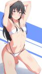  1girl absurdres armpits arms_up bikini black_hair blue_eyes breasts closed_mouth highres kneeling long_hair navel shou937 small_breasts solo stomach straight_hair swimsuit tiptoes very_long_hair white_bikini yahari_ore_no_seishun_lovecome_wa_machigatteiru. yukinoshita_yukino 