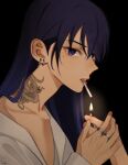  1girl cigarette collarbone earrings genshin_impact jewelry lighter long_hair looking_at_viewer mole mole_under_eye multiple_rings neck_tattoo raiden_shogun ring shirt simple_background tattoo ujugn white_shirt 