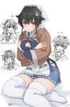  1girl apron bandana black_hair blue_sailor_collar blue_serafuku blue_skirt blush breasts brown_shawl hair_flaps hair_ornament hairband hairclip headgear jingei_(kancolle) kantai_collection large_breasts long_hair low_ponytail multiple_persona neckerchief open_mouth pleated_skirt red_eyes rin_(rin_niji) sailor_collar school_uniform serafuku shawl skirt thigh-highs two-tone_hairband waist_apron whale_hair_ornament white_apron white_background white_legwear white_neckwear 