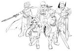  5boys absurdres armor bandages bangs belt boots cape character_request closed_mouth crossover dragon_quest dragon_quest_iii druaga_no_tou dual_persona fire_emblem fire_emblem:_path_of_radiance gilgamesh_(druaga) greyscale hair_between_eyes hat helmet highres holding holding_shield holding_sword holding_weapon ike_(fire_emblem) link male_focus master_sword monochrome multiple_boys over_shoulder parted_lips pointy_ears ragnell roto rx_hts shield short_sleeves spiked_helmet spiky_hair standing sword the_legend_of_zelda tunic weapon weapon_over_shoulder young_link 