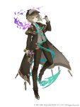  1boy aqua_eyes aqua_hair bob_cut brown_hair capelet chain colored_inner_hair eyebrows_visible_through_hair formal full_body gloves gold_trim gretel_(sinoalice) gun hat ji_no long_coat looking_at_viewer multicolored_hair official_art otoko_no_ko pants pipe plaid plaid_pants revolver sinoalice solo square_enix suit trigger_discipline weapon white_background 